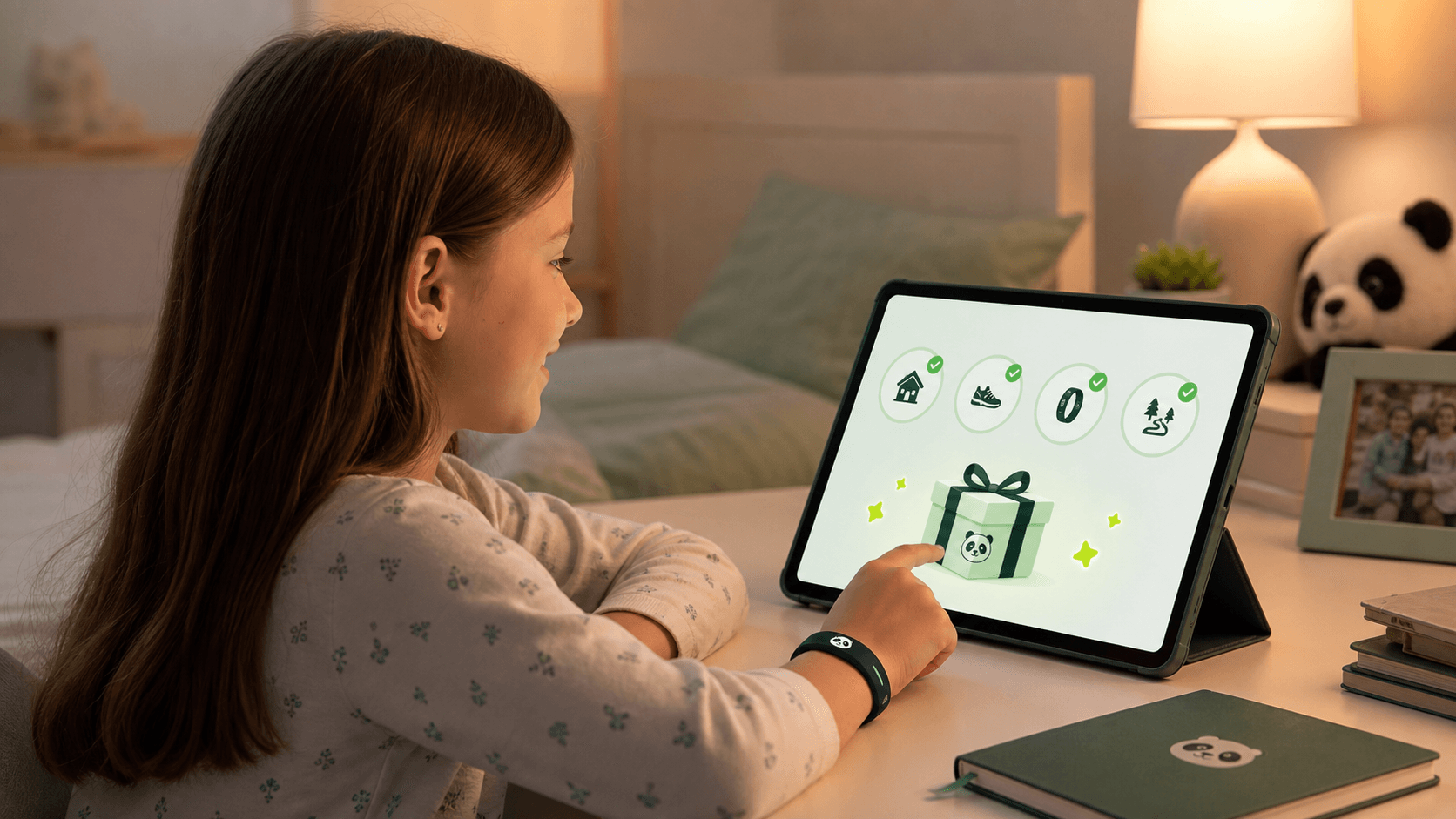 Child reviewing Panda daily achievements and receiving a digital Panda gift on a tablet.