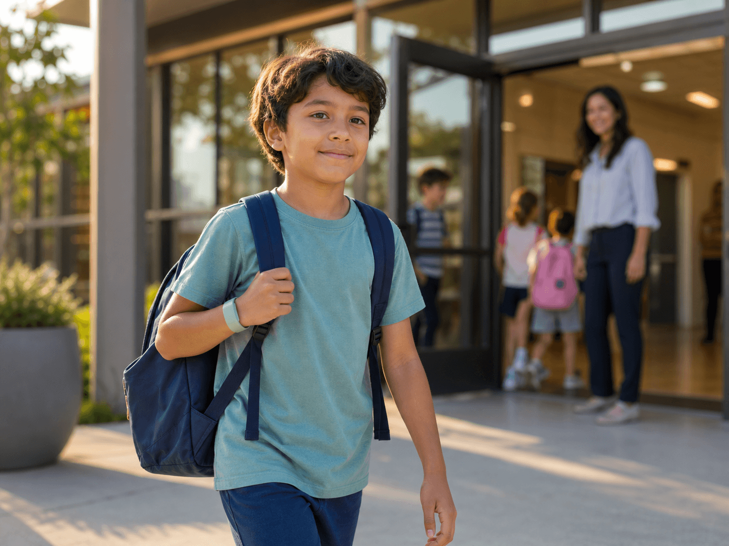 Illustration of a child arriving safely at an expected place.
