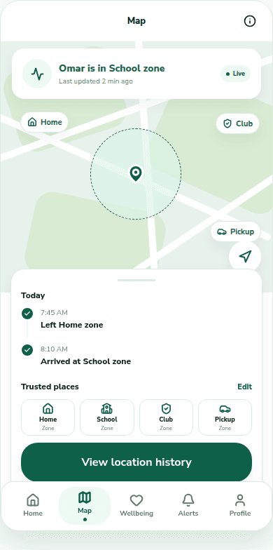 Panda Parent live map screen showing a child location with trusted-place context.