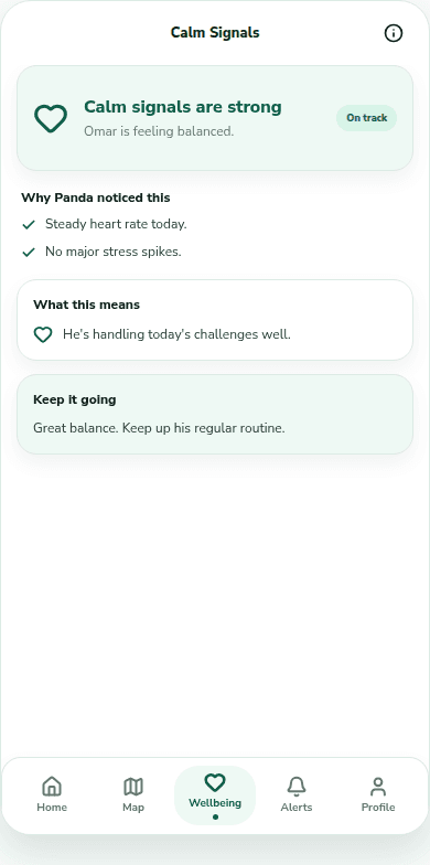 Panda Parent calm wellbeing screen showing supportive mood context.