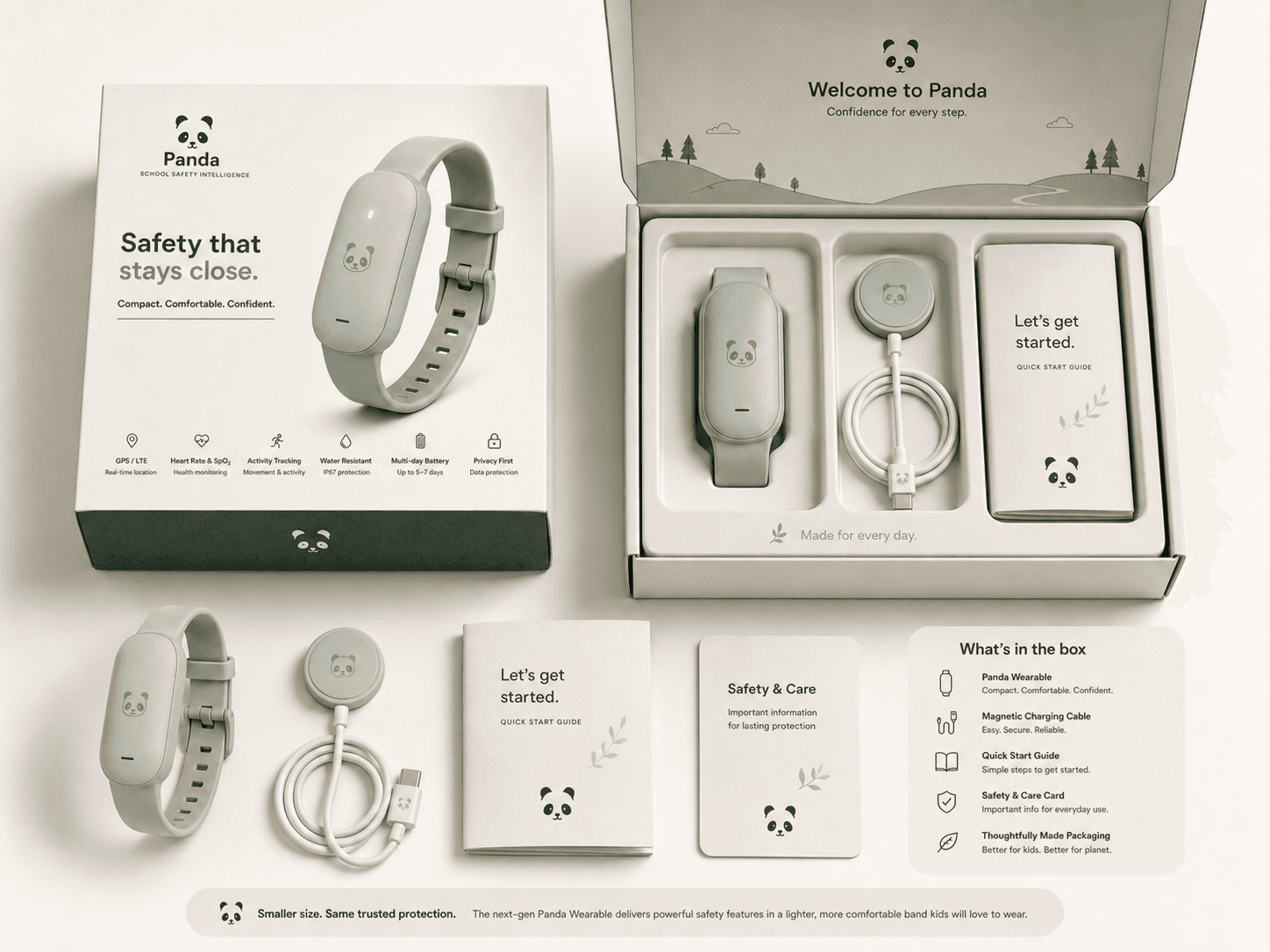Panda family kit shown packaged and unpacked with the wearable, magnetic charger, and printed guides.