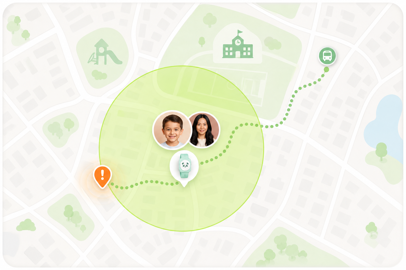 Panda outdoor coverage map with a lime safe zone, route line, caregiver avatar, child avatar, and Panda Wearable marker.