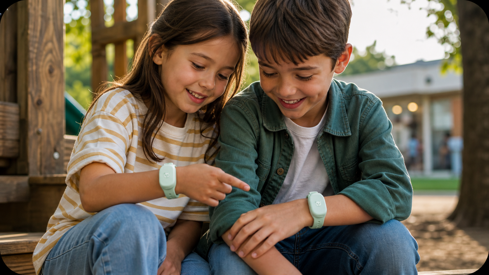Two children wearing mint Panda Wearables during an outdoor play moment.