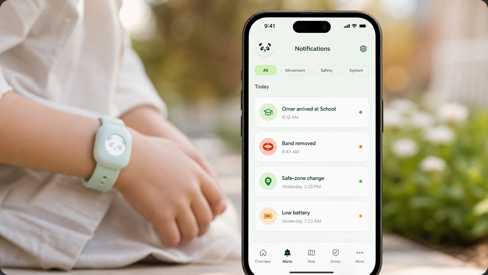 Panda Parent app phone showing child safety notifications for school arrival, wearable removal, safe-zone change, and low battery.